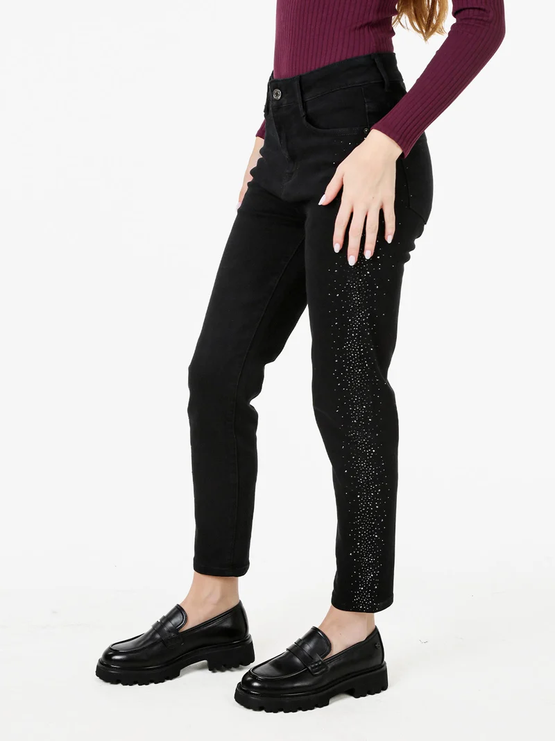 Jeans donna slim fit con dettagli laterali micro borchie - nero