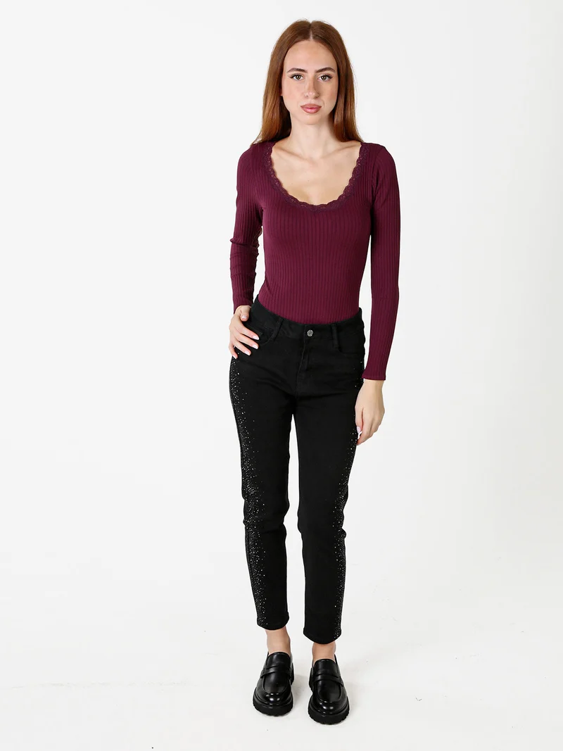 Jeans donna slim fit con dettagli laterali micro borchie - nero