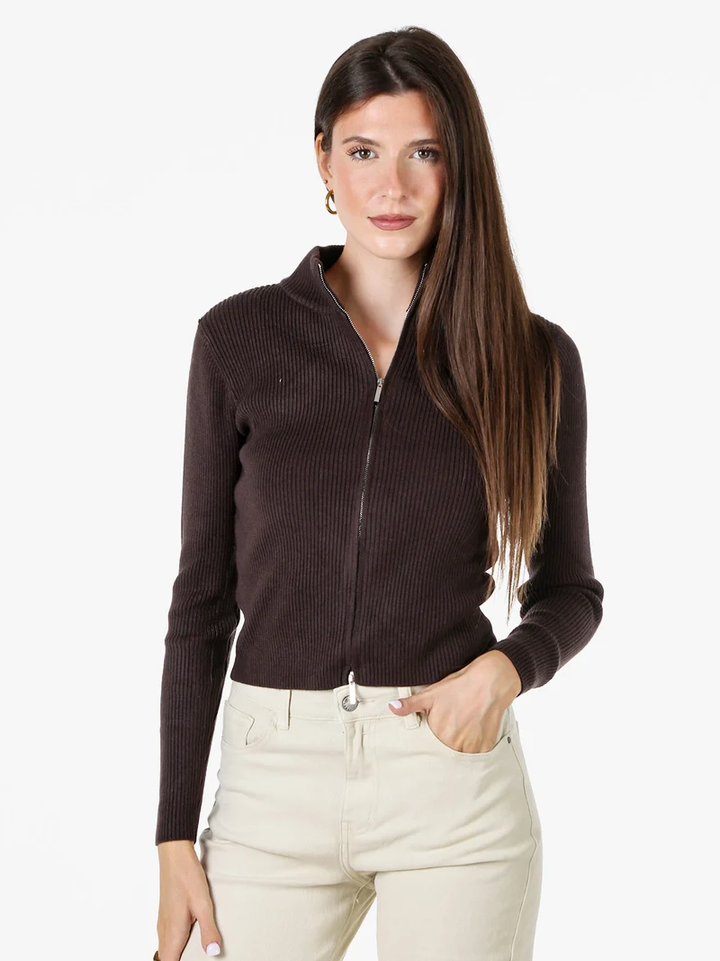 Cardigan donna in maglia a coste con zip - moro