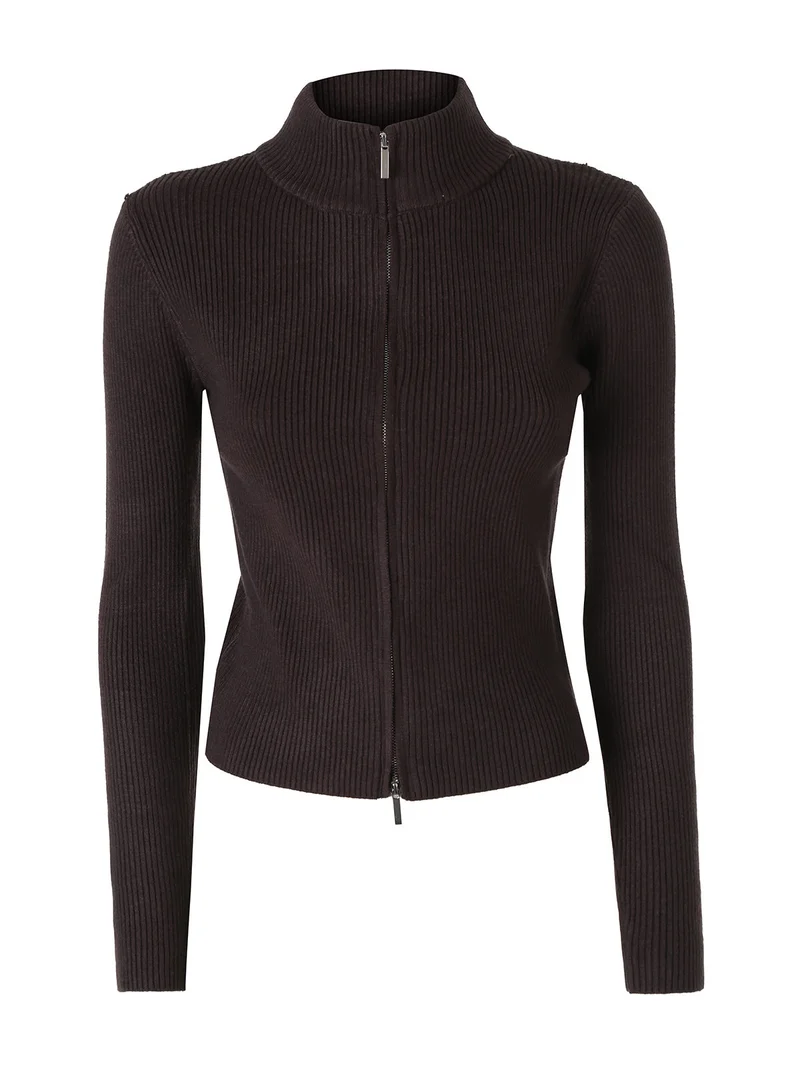 Cardigan donna in maglia a coste con zip - moro
