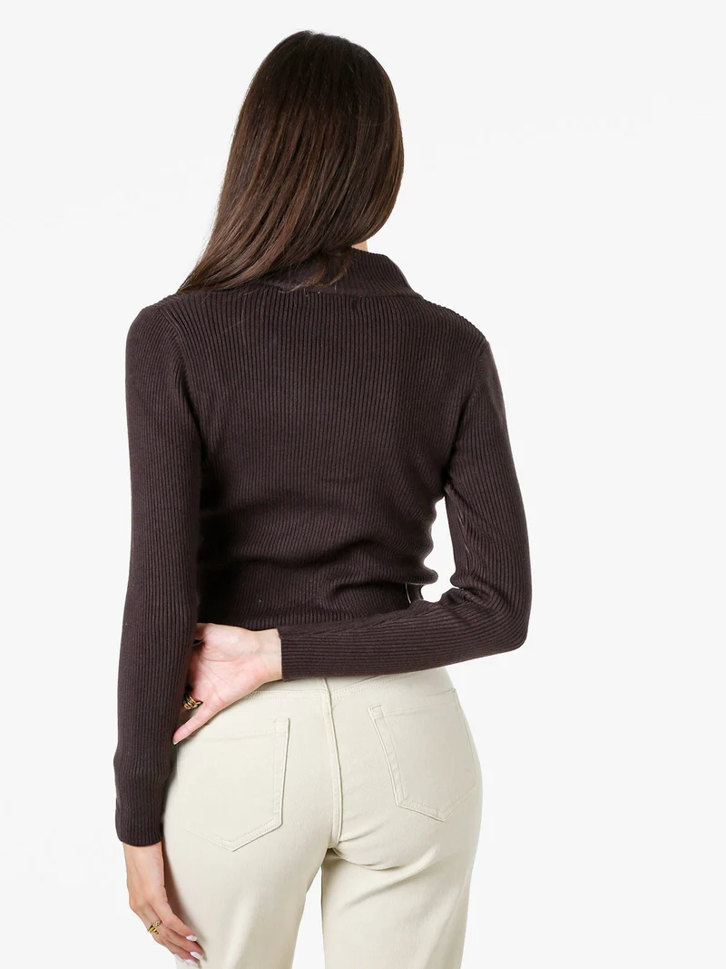 Cardigan donna in maglia a coste con zip - moro