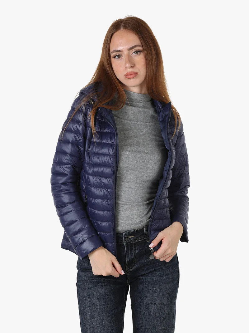 Giubbotto donna imbottito con cappuccio removibile e zip - blu scuro