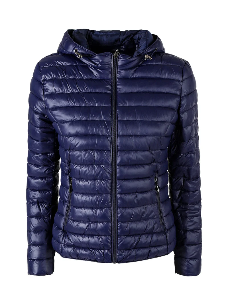 Giubbotto donna imbottito con cappuccio removibile e zip - blu scuro
