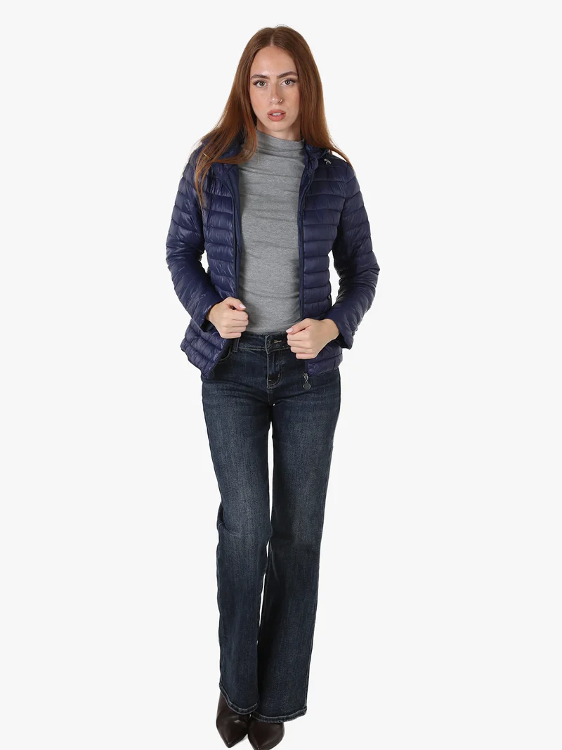 Giubbotto donna imbottito con cappuccio removibile e zip - blu scuro