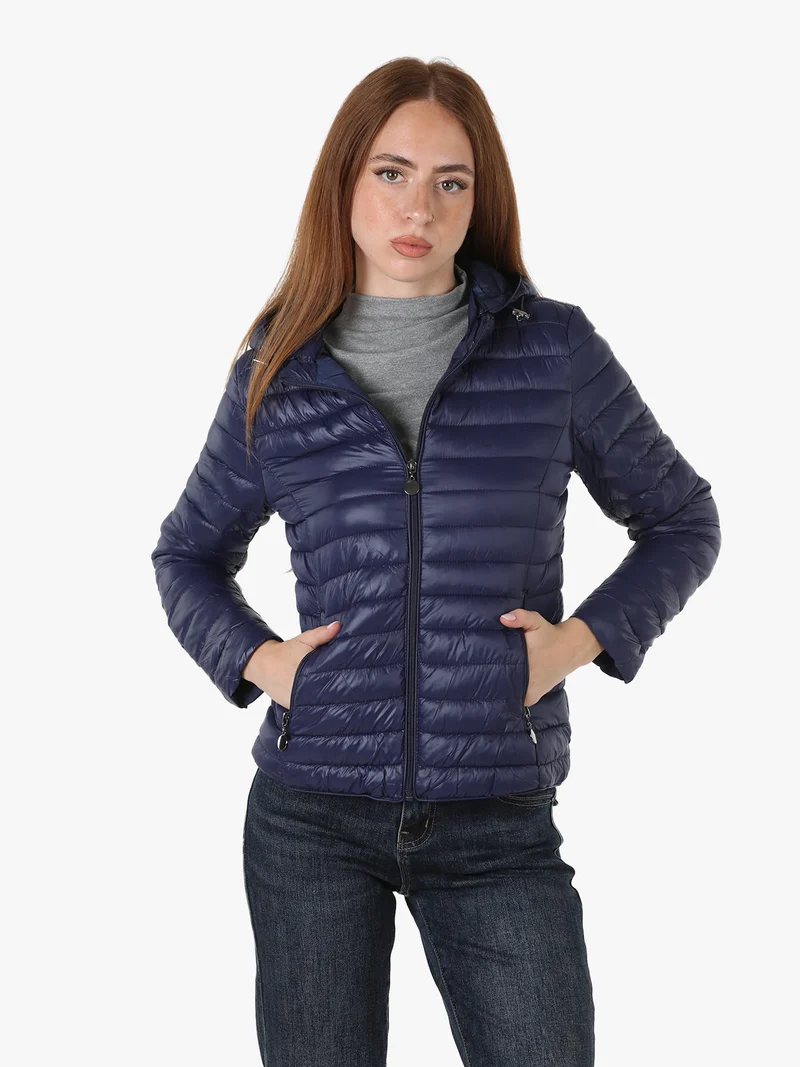 Giubbotto donna imbottito con cappuccio removibile e zip - blu scuro