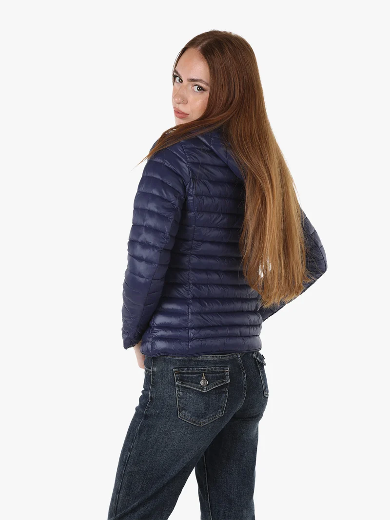 Giubbotto donna imbottito con cappuccio removibile e zip - blu scuro