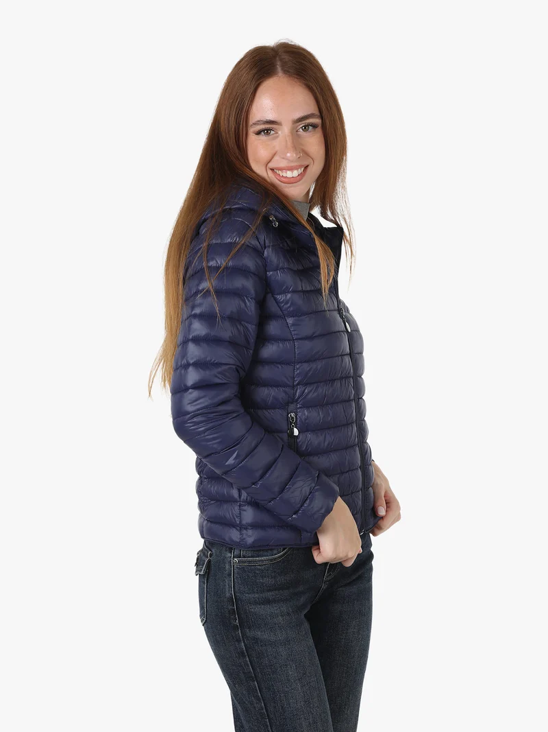 Giubbotto donna imbottito con cappuccio removibile e zip - blu scuro