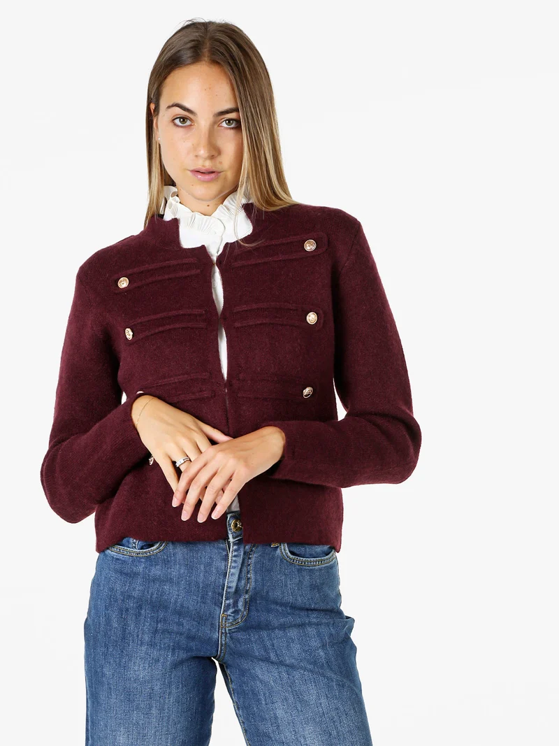 Giacca donna in maglia con bottoni decorativi dorati - bordeaux