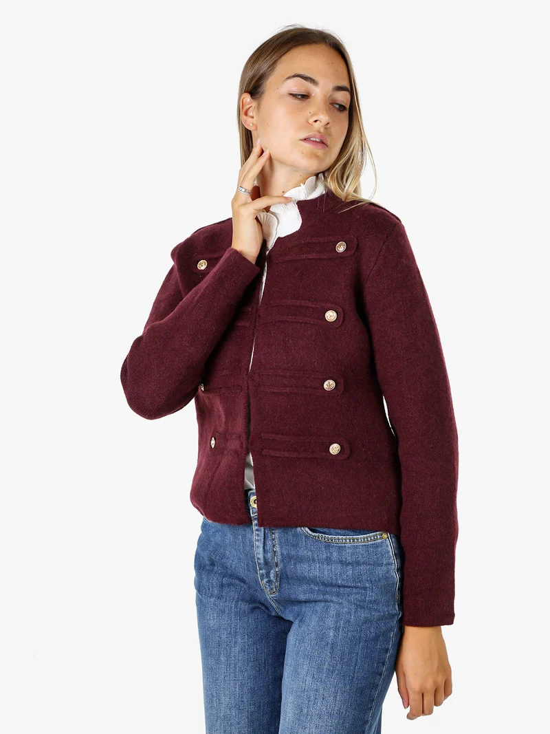 Giacca donna in maglia con bottoni decorativi dorati - bordeaux