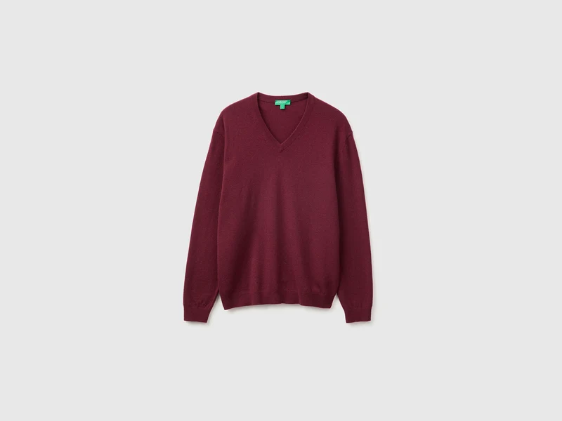 Burgunderfarbener V-Ausschnitt-Pullover aus reiner Merinowolle