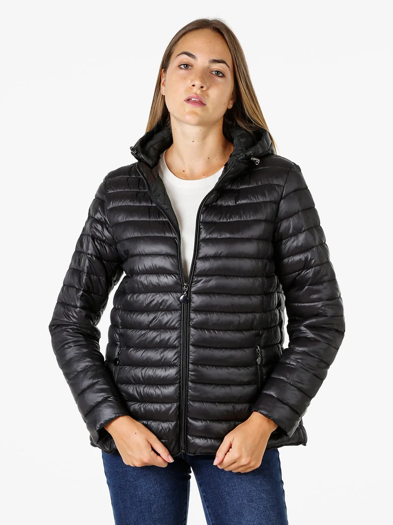 Giubbino donna modello 100 grammi con zip e cappuccio removibile - nero