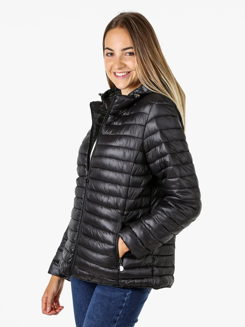 Giubbino donna modello 100 grammi con zip e cappuccio removibile - nero