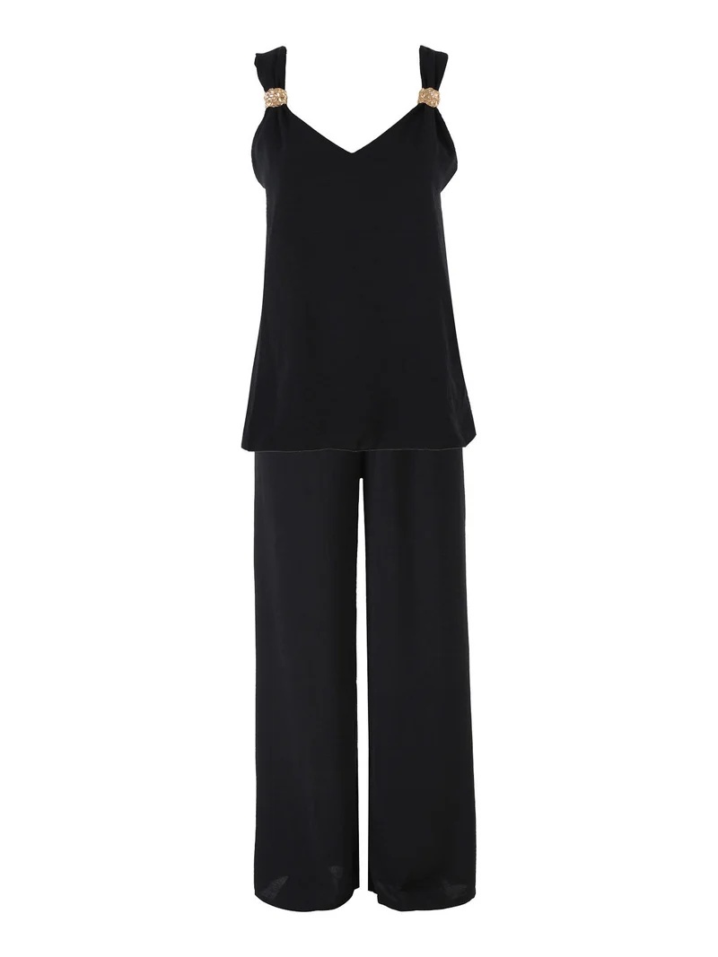Completo casual da donna con top e pantaloni a gamba larga - nero