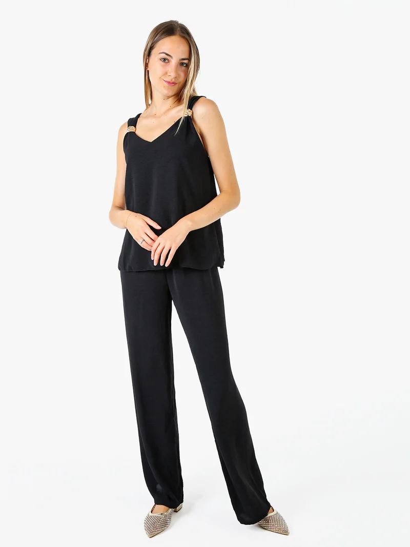 Completo casual da donna con top e pantaloni a gamba larga - nero