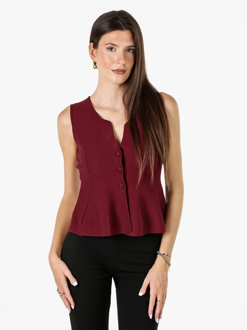 Gilet donna in maglia con bottoni e scollo a V - bordeaux