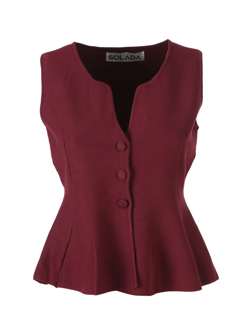 Gilet donna in maglia con bottoni e scollo a V - bordeaux