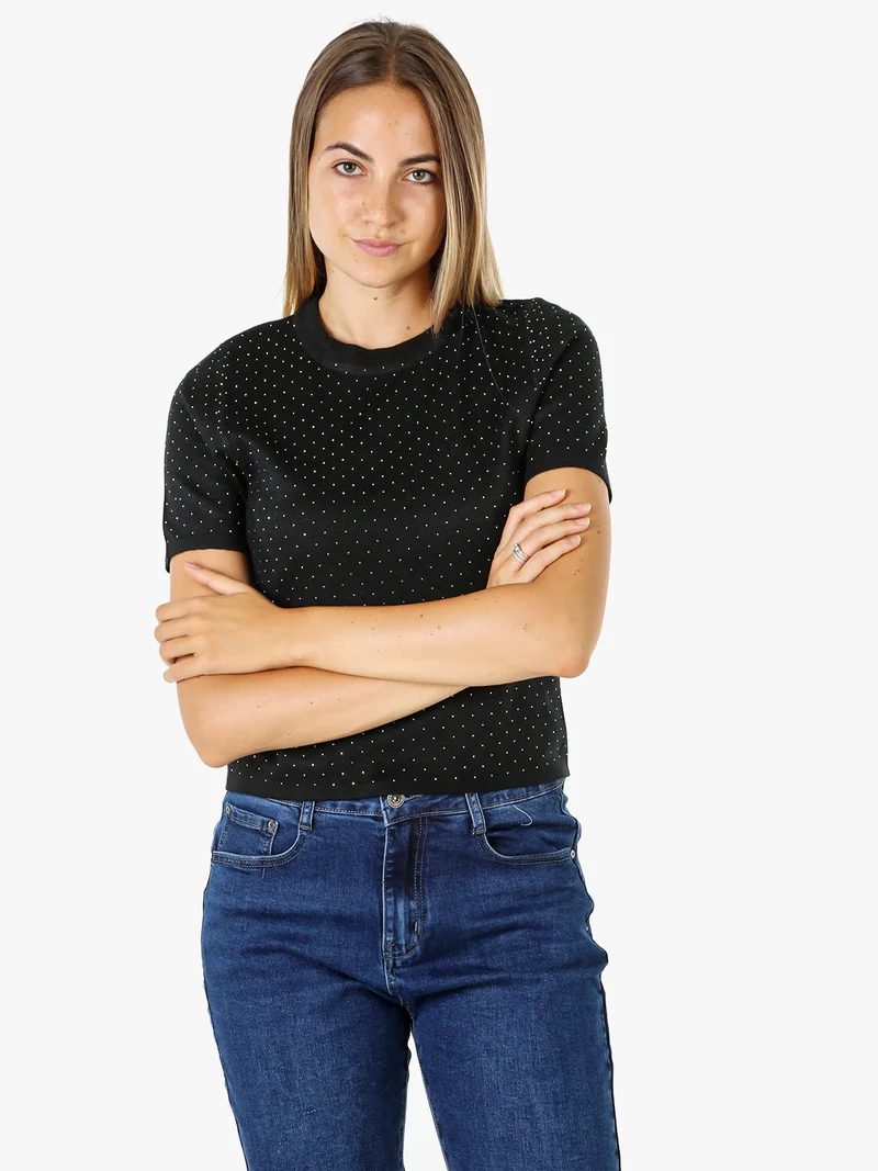 Maglia donna a maniche corte con micro borchie - nero