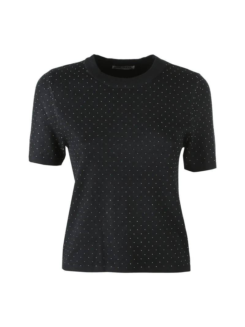 Maglia donna a maniche corte con micro borchie - nero