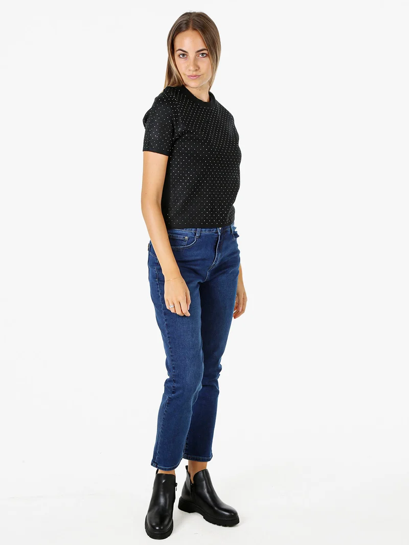 Maglia donna a maniche corte con micro borchie - nero