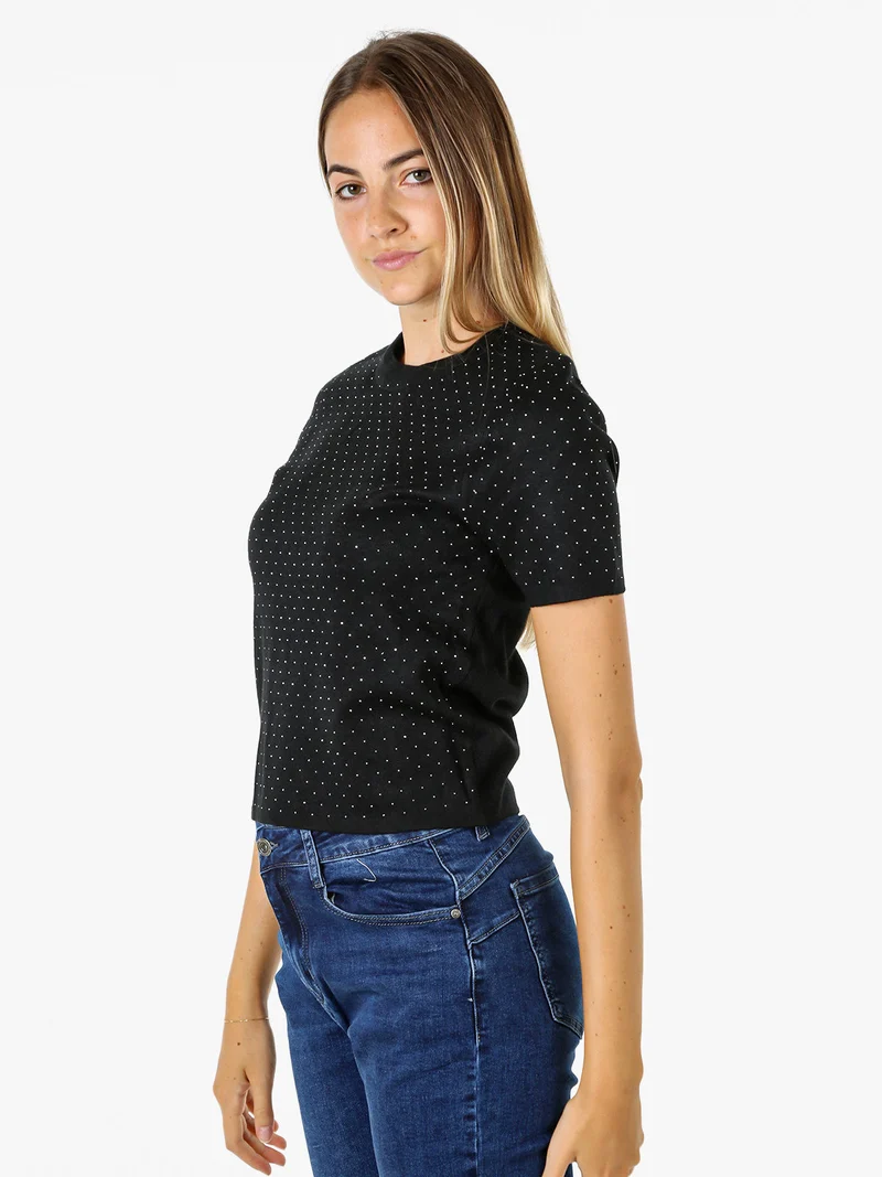 Maglia donna a maniche corte con micro borchie - nero