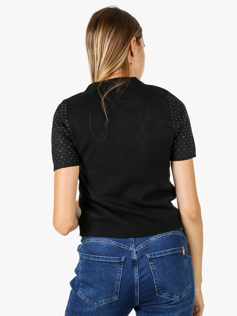Maglia donna a maniche corte con micro borchie - nero