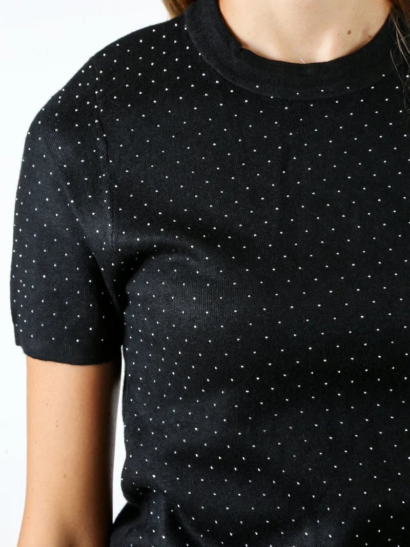 Maglia donna a maniche corte con micro borchie - nero