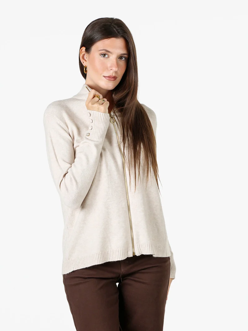 Cardigan donna in maglia con zip - beige