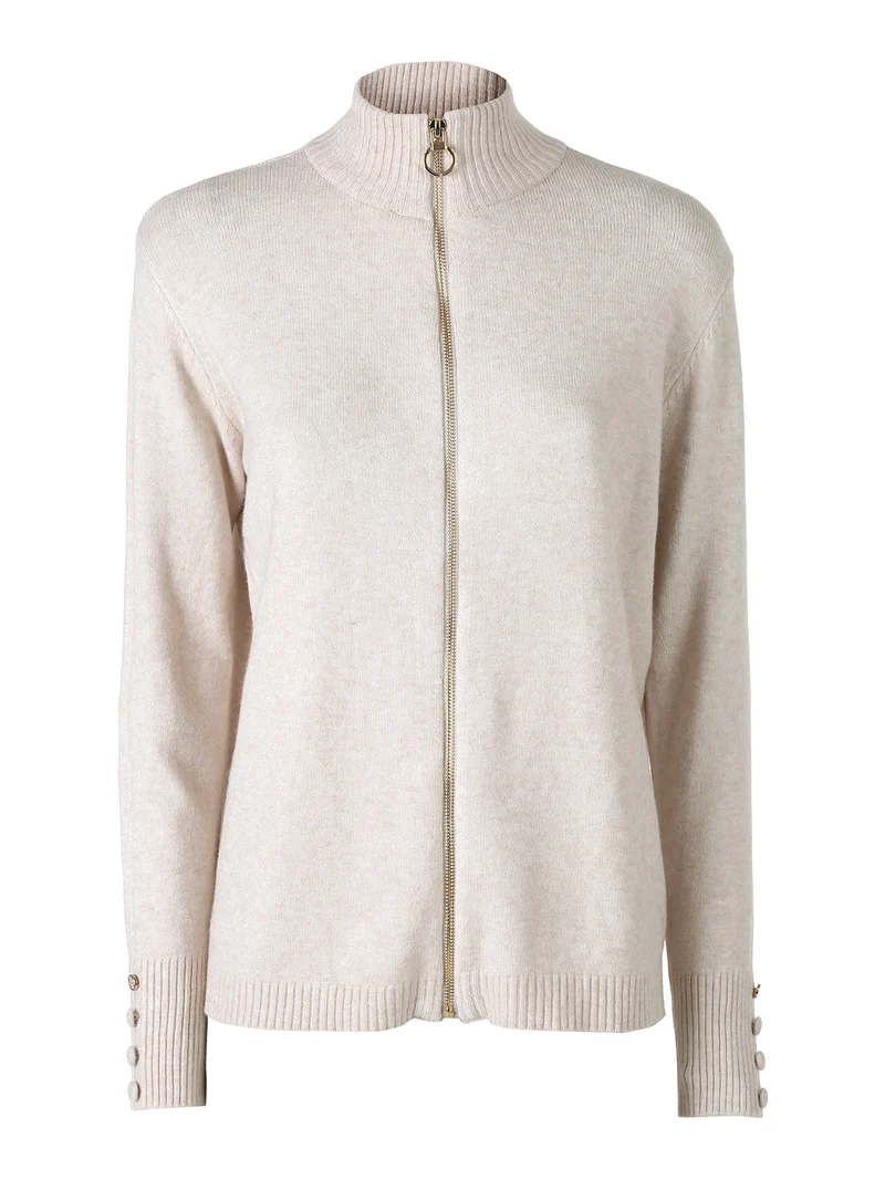 Cardigan donna in maglia con zip - beige