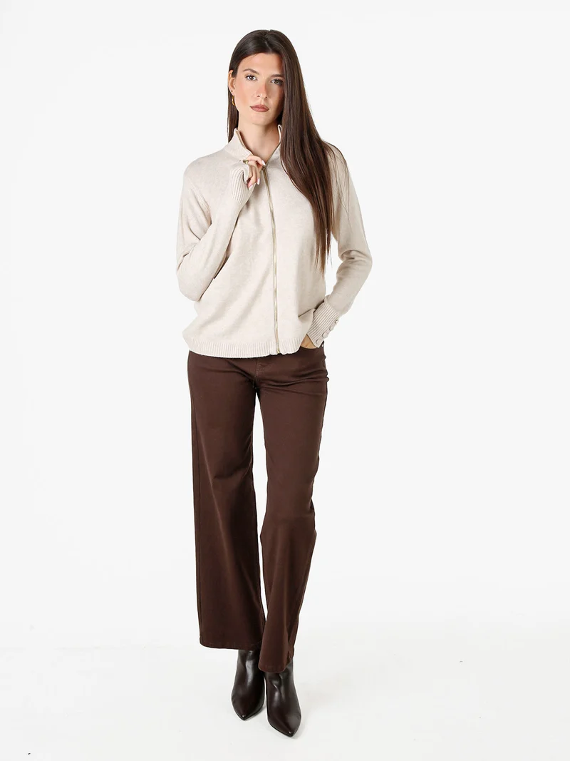 Cardigan donna in maglia con zip - beige