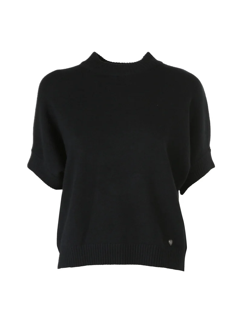 Maglia donna poncho accollata con maniche corte - nero