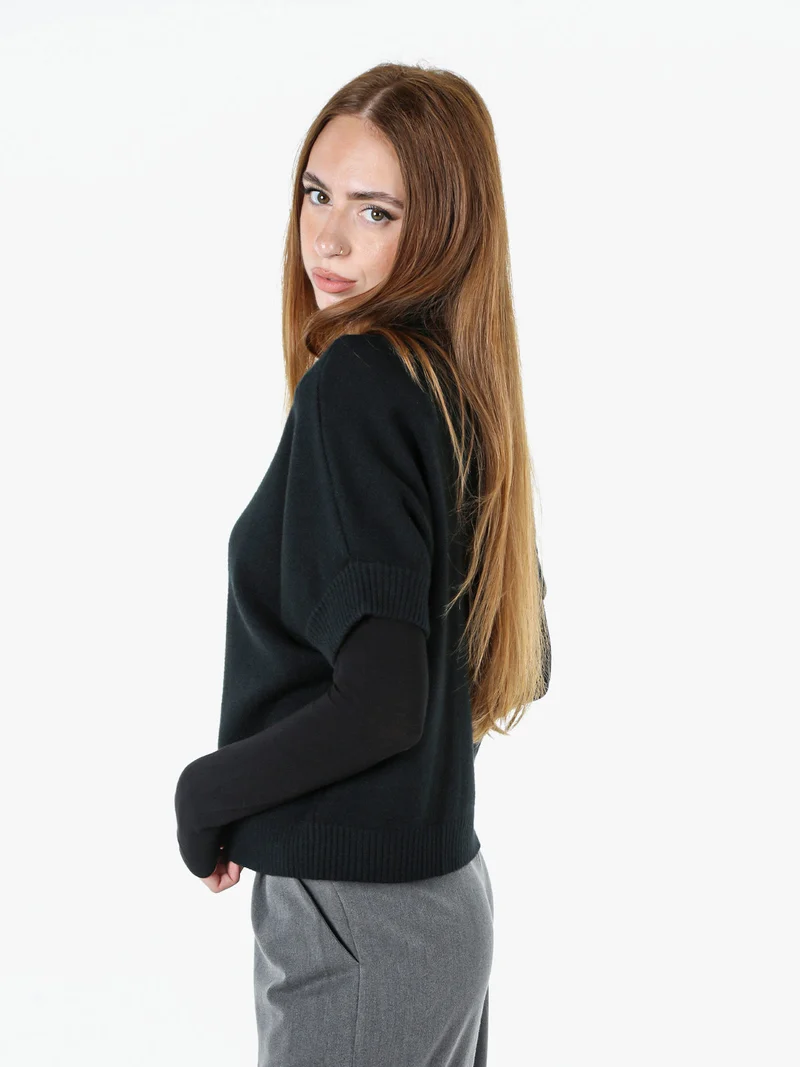 Maglia donna poncho accollata con maniche corte - nero