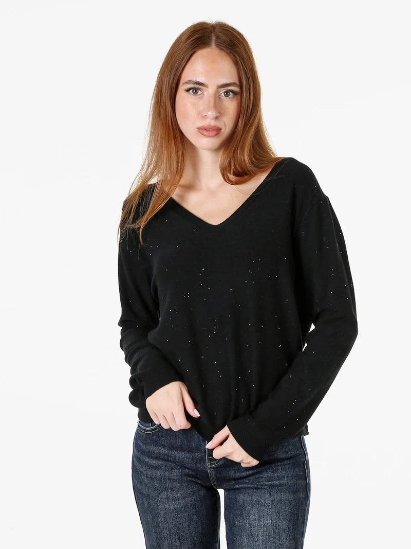 Maglia donna con scollo a V e dettagli di mini paillettes - nero