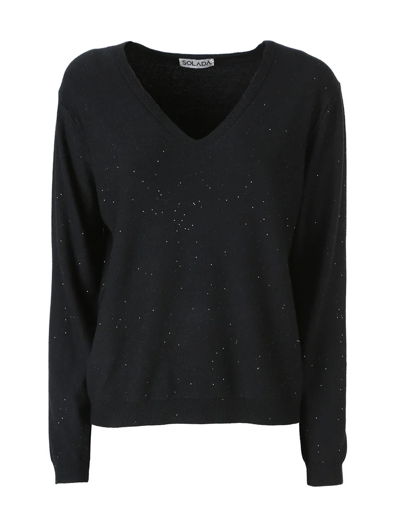 Maglia donna con scollo a V e dettagli di mini paillettes - nero