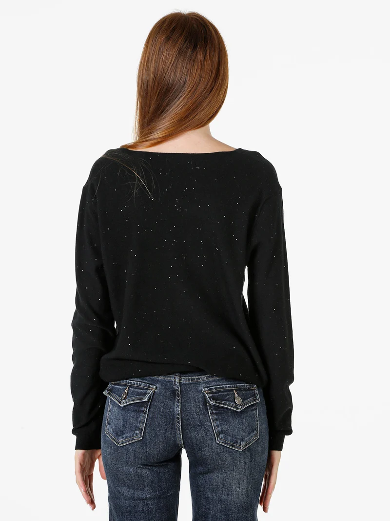 Maglia donna con scollo a V e dettagli di mini paillettes - nero