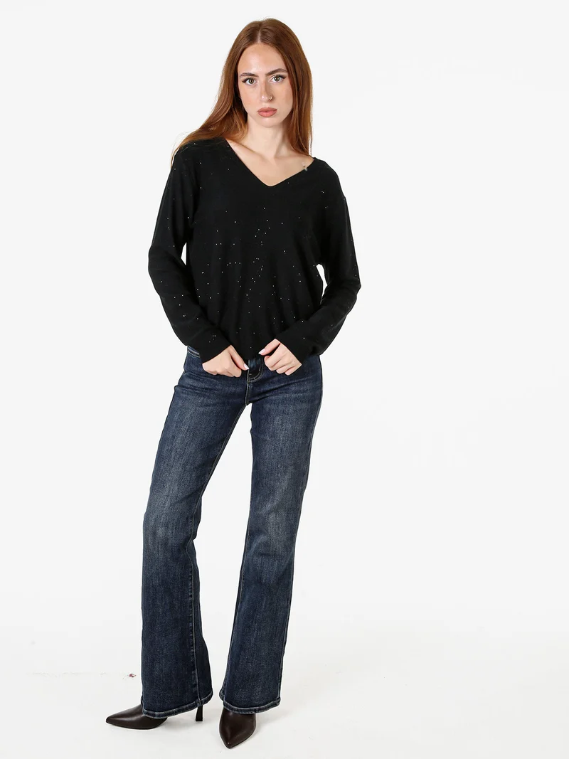 Maglia donna con scollo a V e dettagli di mini paillettes - nero