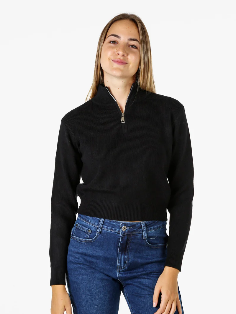Maglia donna cropped a coste con mezza zip - nero