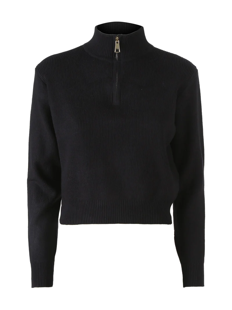 Maglia donna cropped a coste con mezza zip - nero