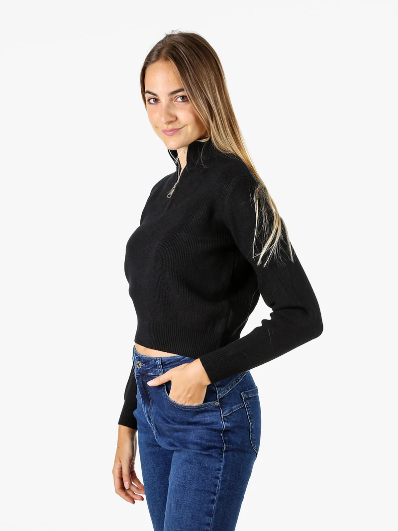 Maglia donna cropped a coste con mezza zip - nero
