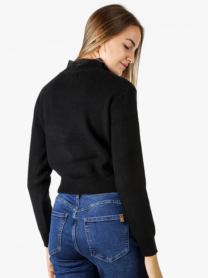 Maglia donna cropped a coste con mezza zip - nero