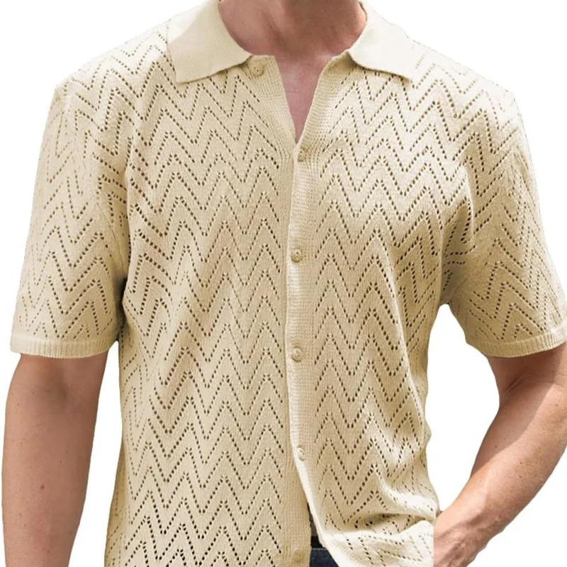 Herren Sommer Shirt Kurzarm Polyester mit Hohlmuster | Lockerer Freizeit-Look | Atmungsaktives Hemd für Urlaub und Alltag
