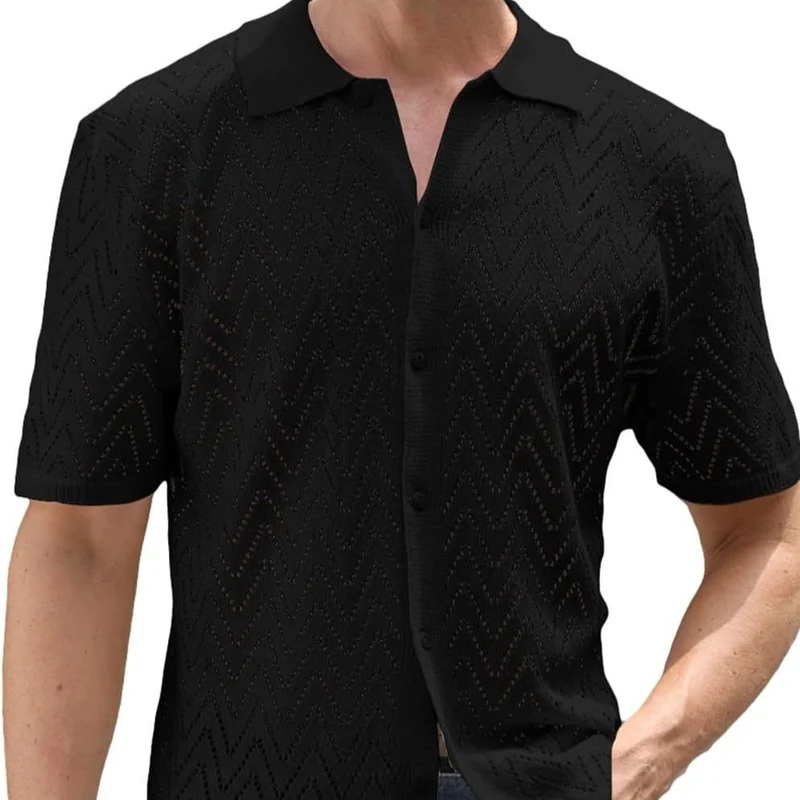 Herren Sommer Shirt Kurzarm Polyester mit Hohlmuster | Lockerer Freizeit-Look | Atmungsaktives Hemd für Urlaub und Alltag