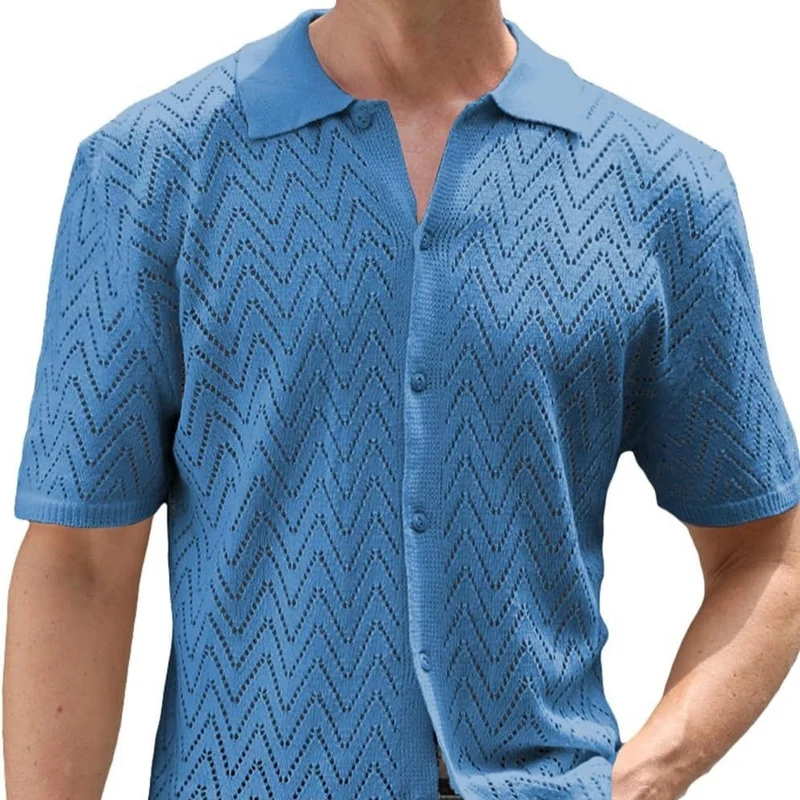 Herren Sommer Shirt Kurzarm Polyester mit Hohlmuster | Lockerer Freizeit-Look | Atmungsaktives Hemd für Urlaub und Alltag