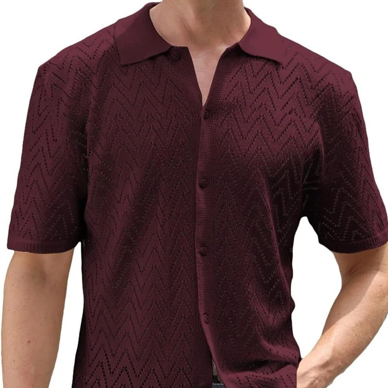 Herren Sommer Shirt Kurzarm Polyester mit Hohlmuster | Lockerer Freizeit-Look | Atmungsaktives Hemd für Urlaub und Alltag
