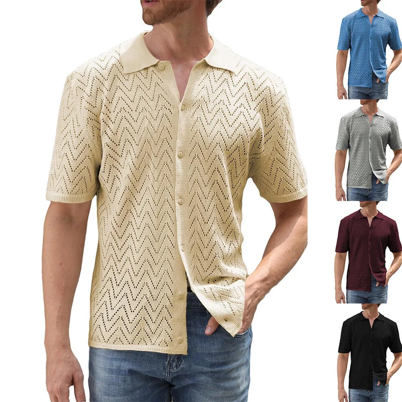 Herren Sommer Shirt Kurzarm Polyester mit Hohlmuster | Lockerer Freizeit-Look | Atmungsaktives Hemd für Urlaub und Alltag