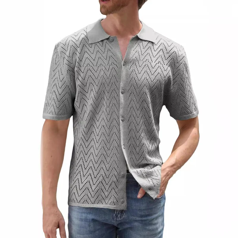 Herren Sommer Shirt Kurzarm Polyester mit Hohlmuster | Lockerer Freizeit-Look | Atmungsaktives Hemd für Urlaub und Alltag