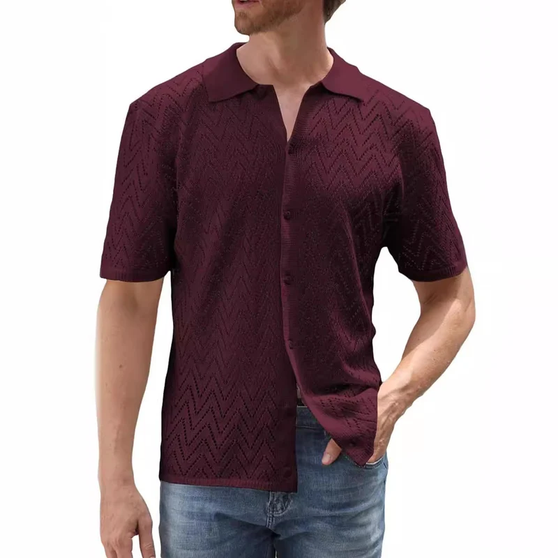 Herren Sommer Shirt Kurzarm Polyester mit Hohlmuster | Lockerer Freizeit-Look | Atmungsaktives Hemd für Urlaub und Alltag