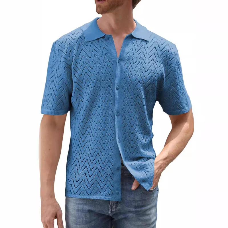 Herren Sommer Shirt Kurzarm Polyester mit Hohlmuster | Lockerer Freizeit-Look | Atmungsaktives Hemd für Urlaub und Alltag