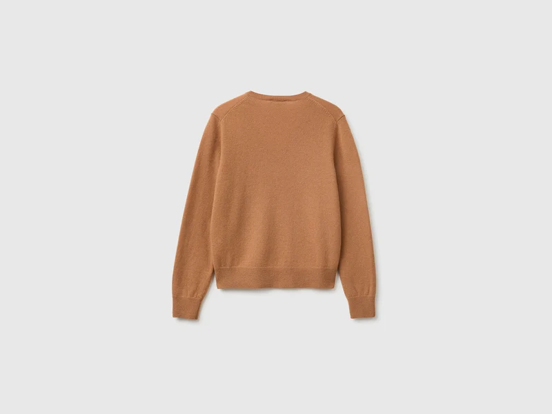 Kamelfarbener V-Ausschnitt-Pullover aus reiner Merinowolle