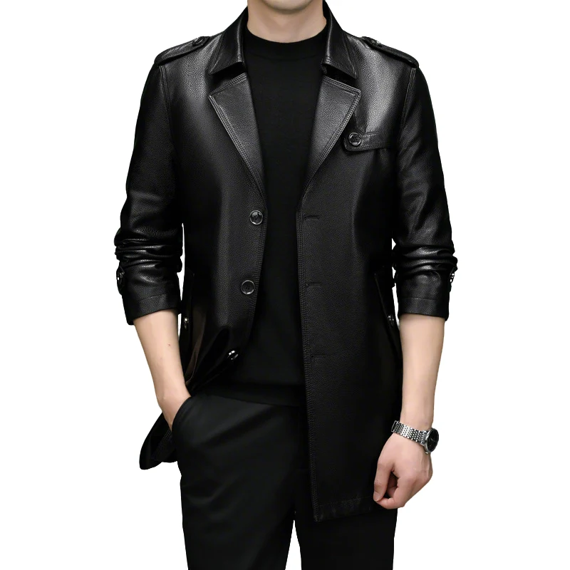 Herren Kunstlederjacke mittellang | Winddichte Jacke mit klassischem Kragen