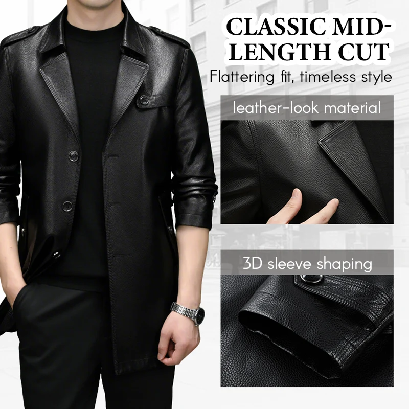 Herren Kunstlederjacke mittellang | Winddichte Jacke mit klassischem Kragen